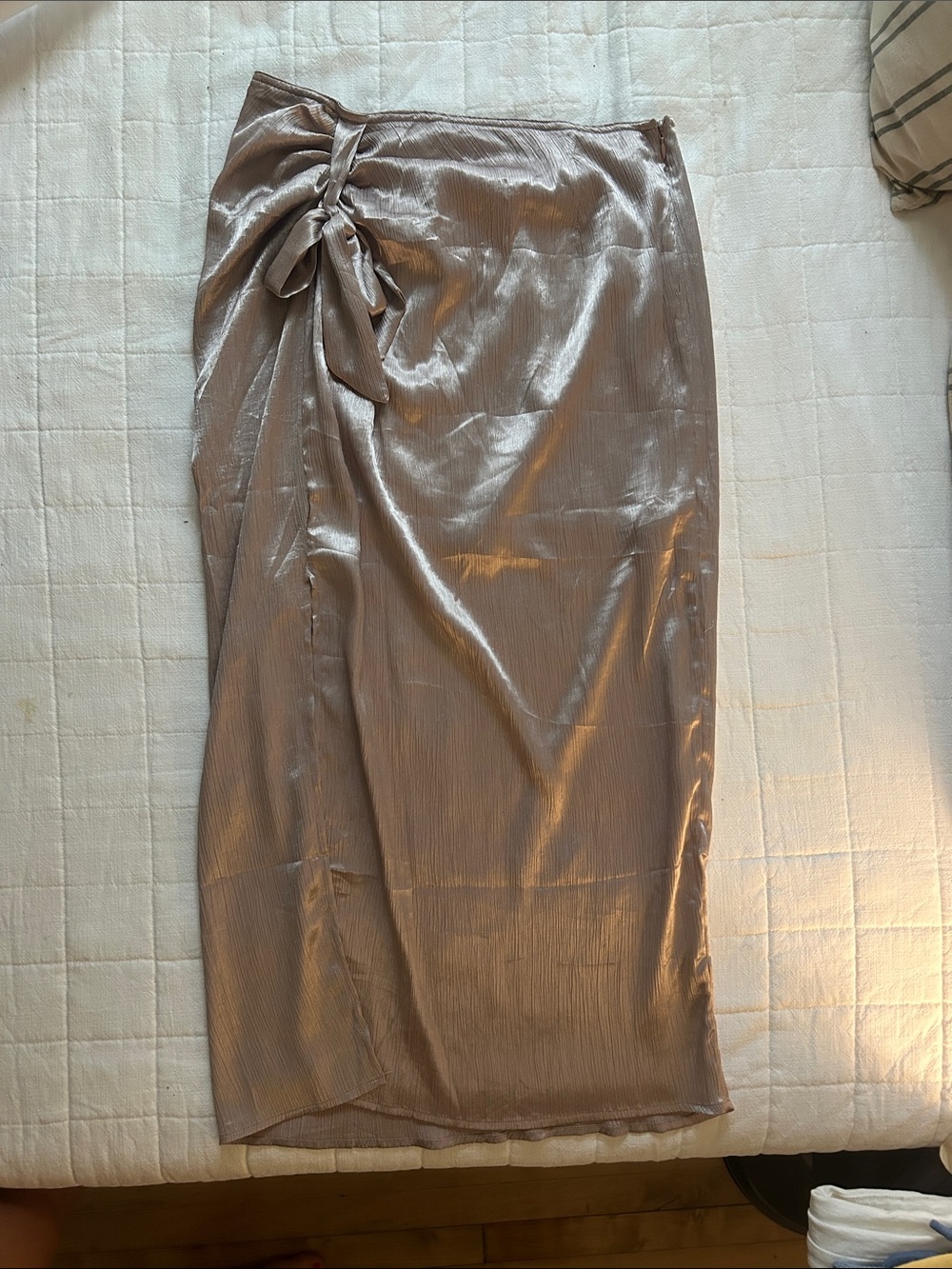 Satin-Look Ruched Midi Skirt with Side Tie – Purple
